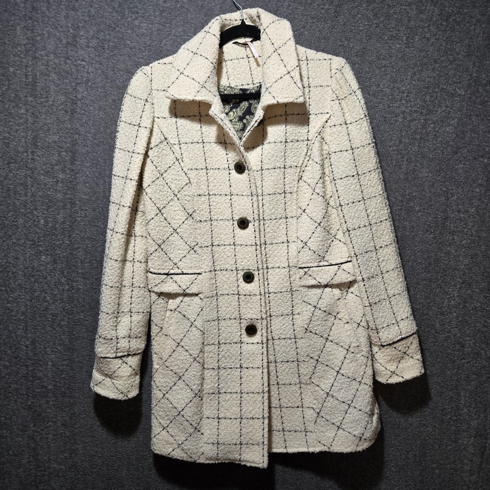 Free People Women's Check Grid Long Over Coat Jacket Sz 8 Ivory / Cream
